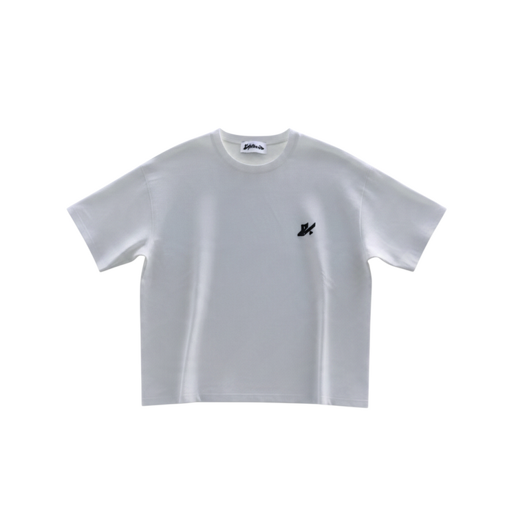 T-shirt bianca in cotone Blexed Studio con logo nero ricamato sul petto, design minimalista e vestibilità comoda.